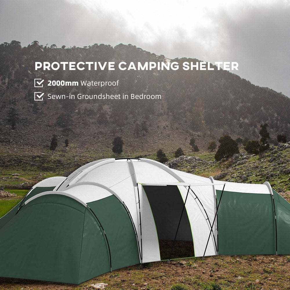 Close-up of the large green and white camping tent showing its protective camping shelter features