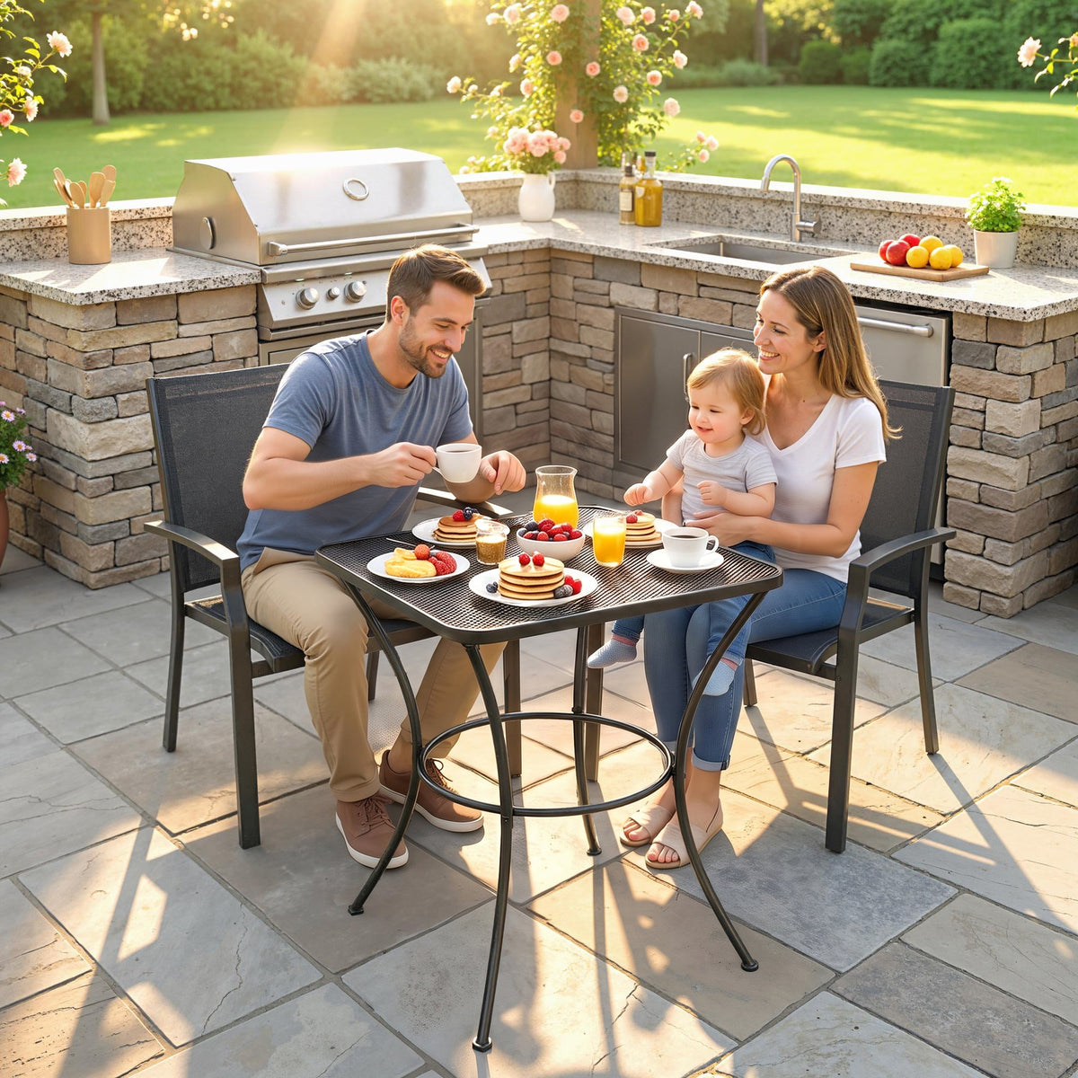 A family enjoys breakfast at a black metal garden table in an outdoor kitchen area