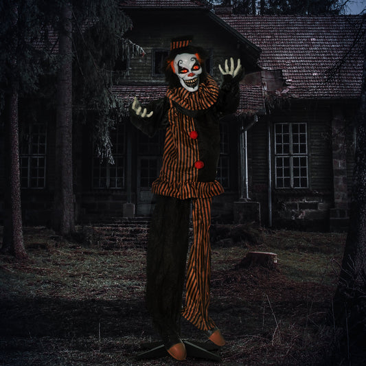 the scary clown decoration standing outside a spooky house at night