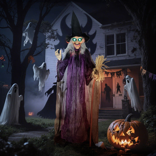 The Halloween witch standing in a spooky garden setting with ghosts and a carved pumpkin