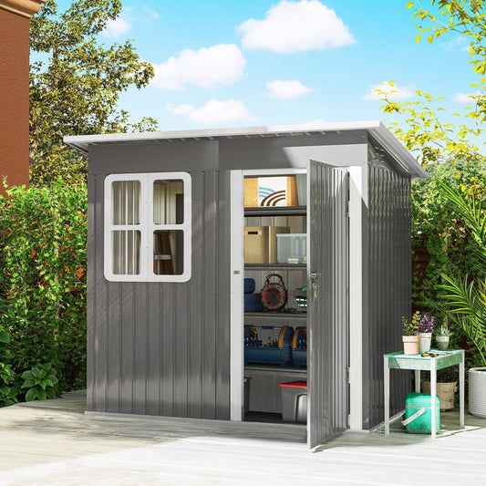The open garden shed showing storage shelves and various items inside