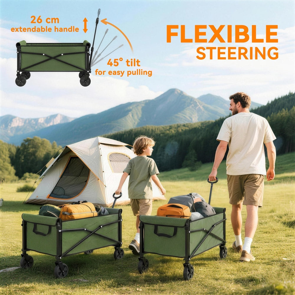 Two green folding garden trolley carts are shown, one being steered and the other loaded with bags