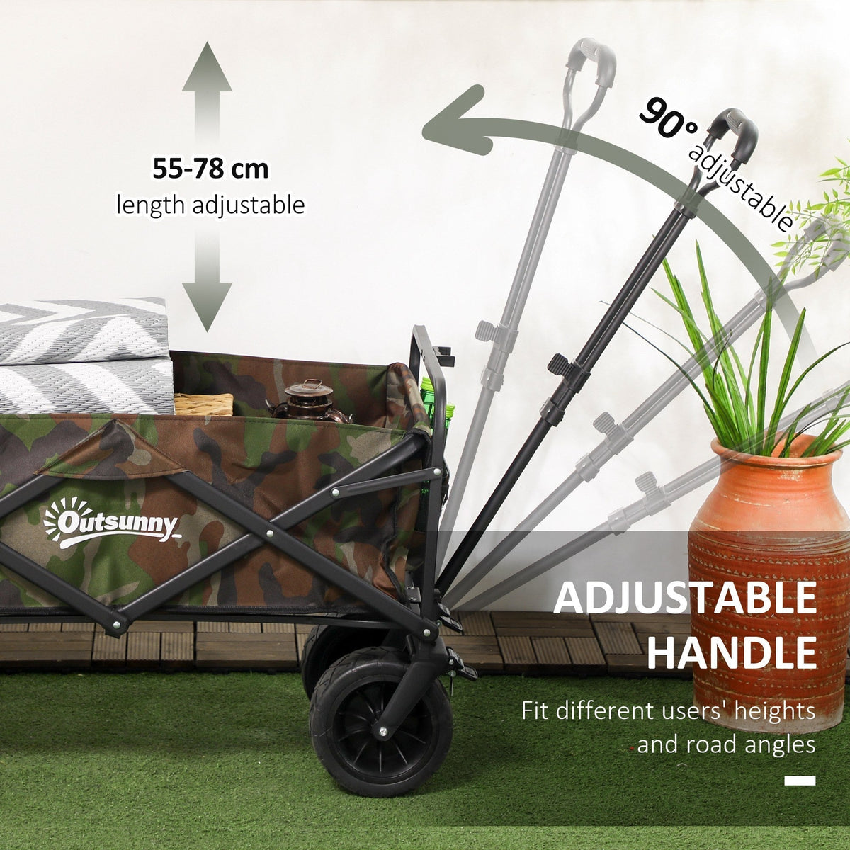 The adjustable handle of the garden trolley shown at different angles