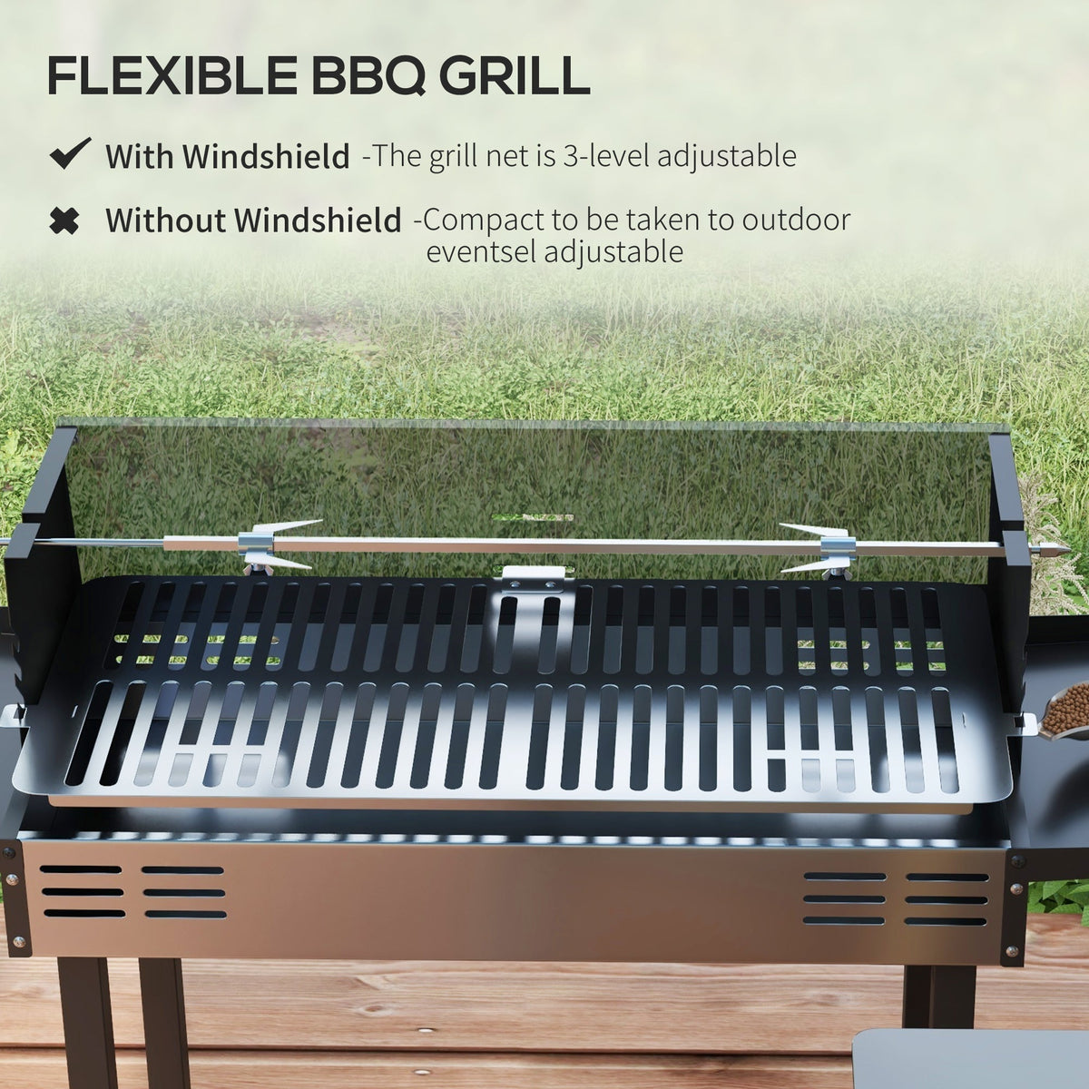 The charcoal grill showing the adjustable grill grate and the removable windshield panel
