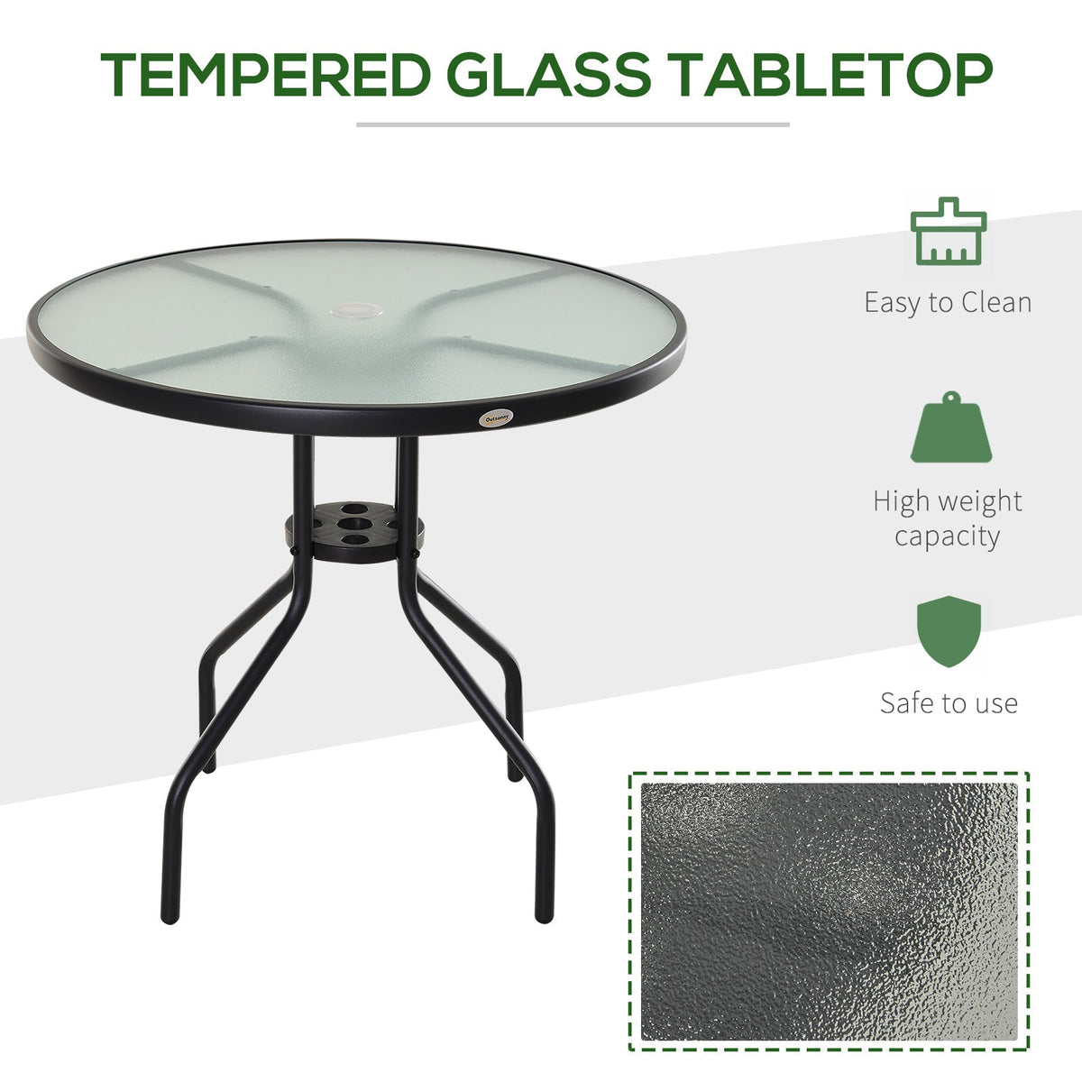 Round garden table with a tempered glass tabletop and features listed as easy to clean, high weight capacity and safe to use