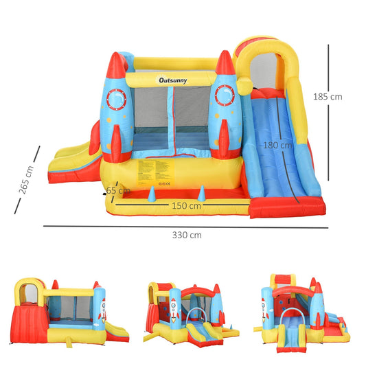 This bouncy castle has dimensions shown for length, height and width