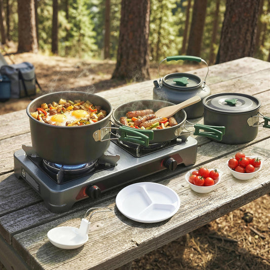 The camping cooking kit in use on a portable stove on a wooden table in a forest setting