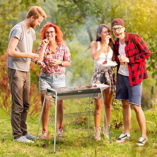 A group of four friends enjoying a barbecue in a park with the charcoal grill