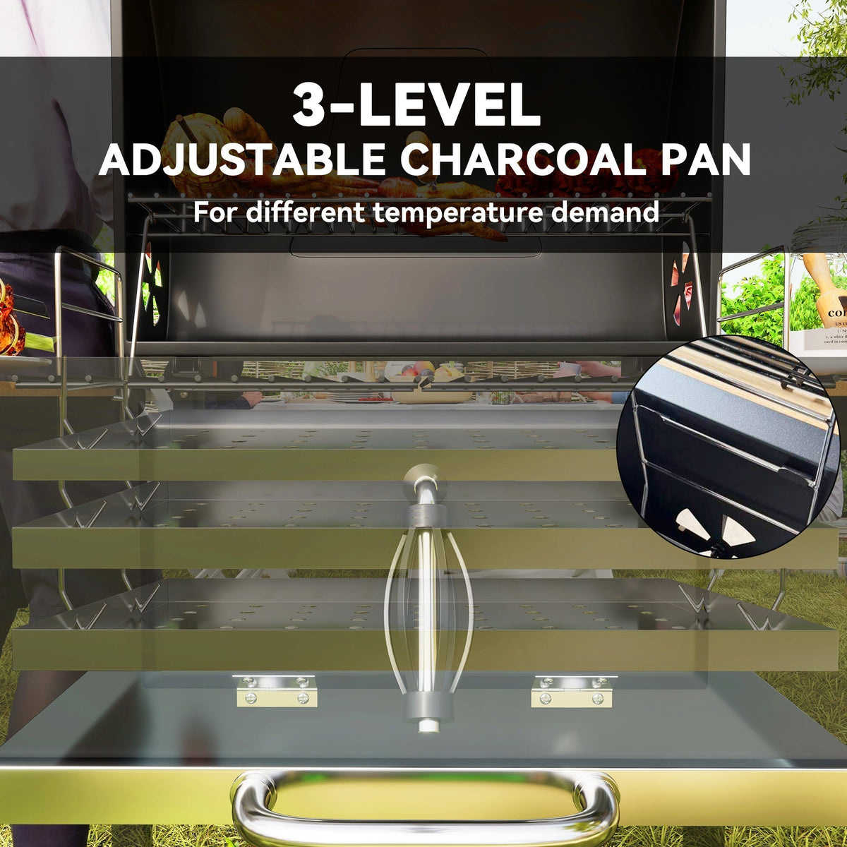 The charcoal grill interior showing the three levels for the adjustable charcoal pan