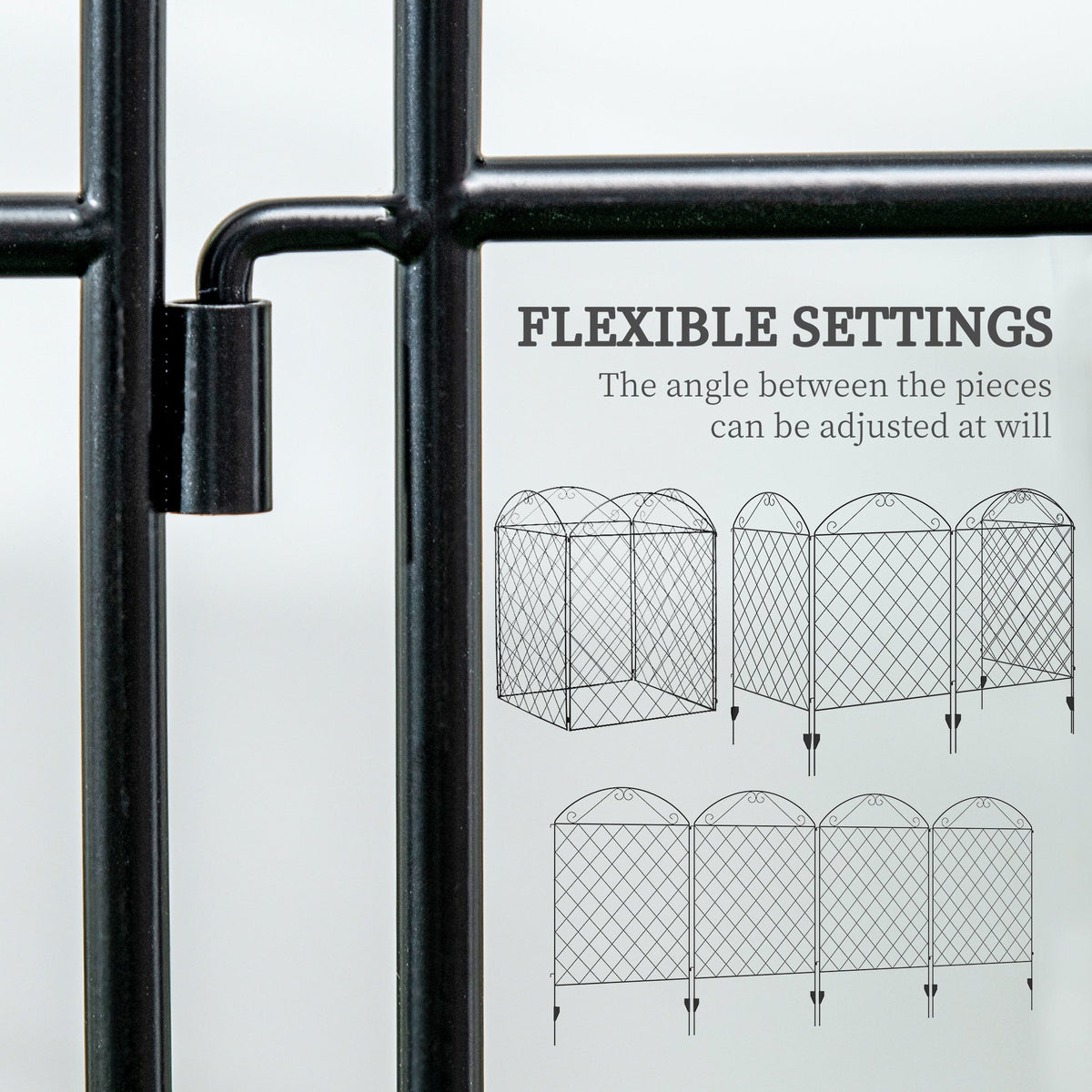 Close up of a black metal garden fence joint with text about flexible settings