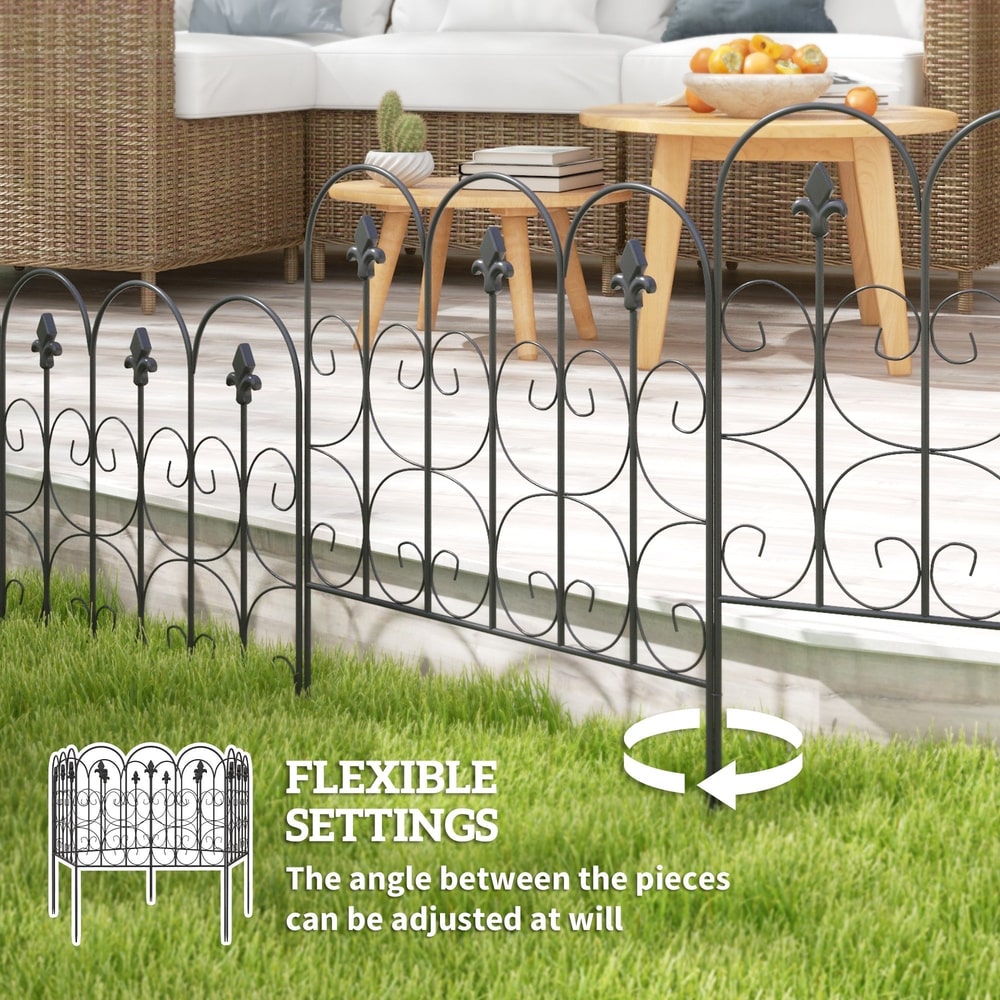 Decorative garden fencing shown in a garden setting with text about flexible settings