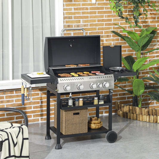 The five-burner gas BBQ cooking burgers and steaks on a patio with a brick wall background