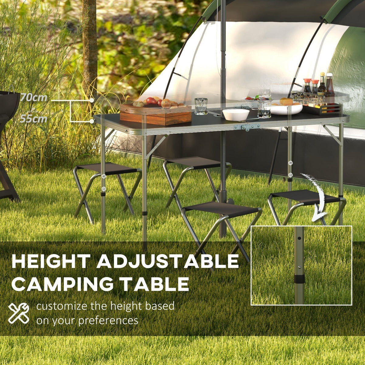 The aluminium picnic table is shown with two height options indicated
