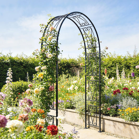 The garden arch covered in climbing roses, set within a colourful flower border in a sunny garden