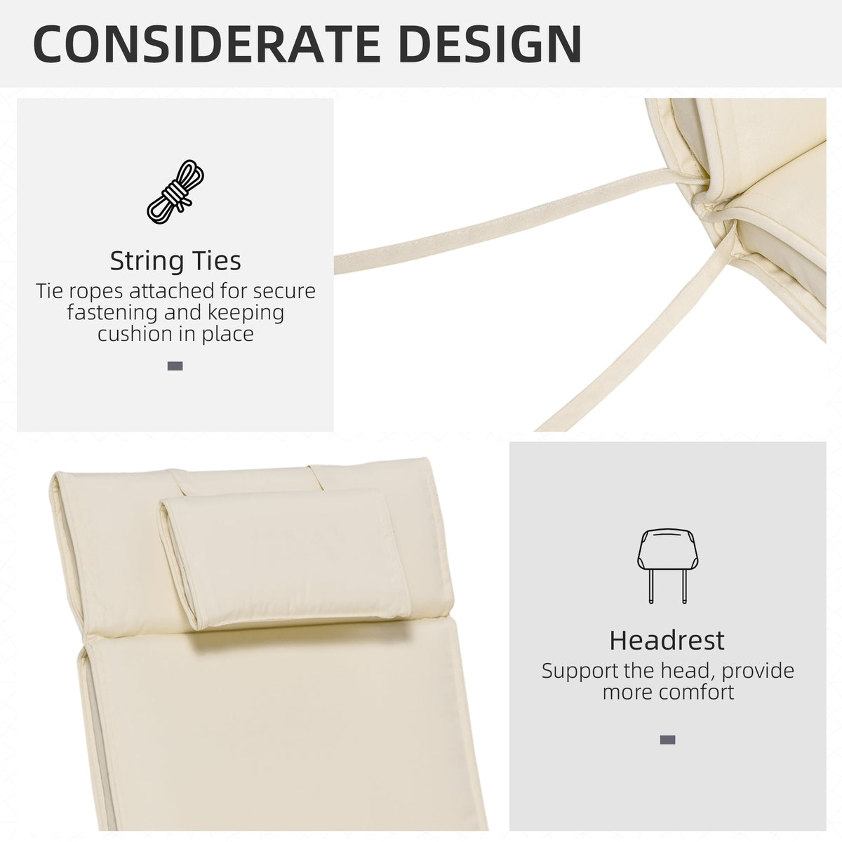 The garden cushion highlighting the integrated string ties and comfortable headrest design