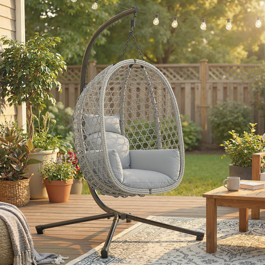 The hanging egg chair set up on a patio next to a wooden table and chairs