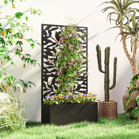 A black metal raised planter with a trellis filled with flowering plants, set in a garden
