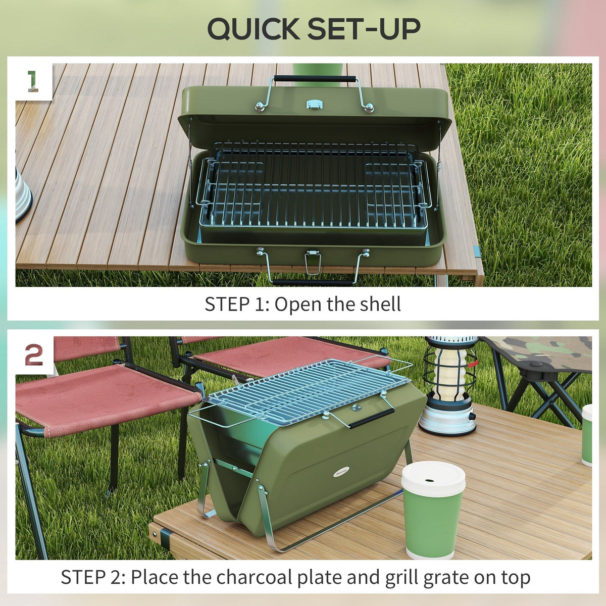 Two steps showing how to set up the green portable charcoal grill, opening the shell and adding the grate