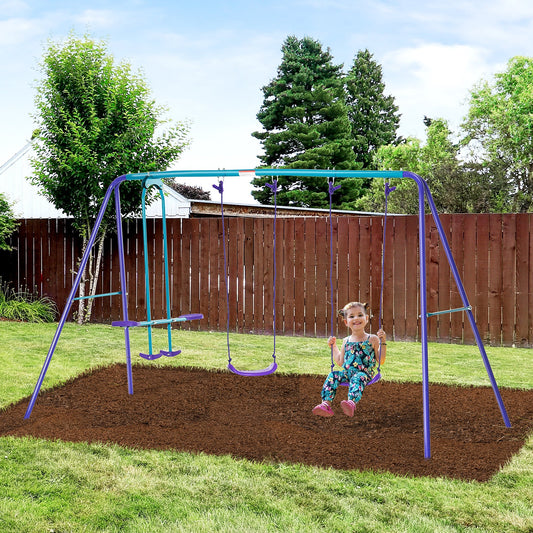 A young girl is happily swinging on the purple swing set in a garden
