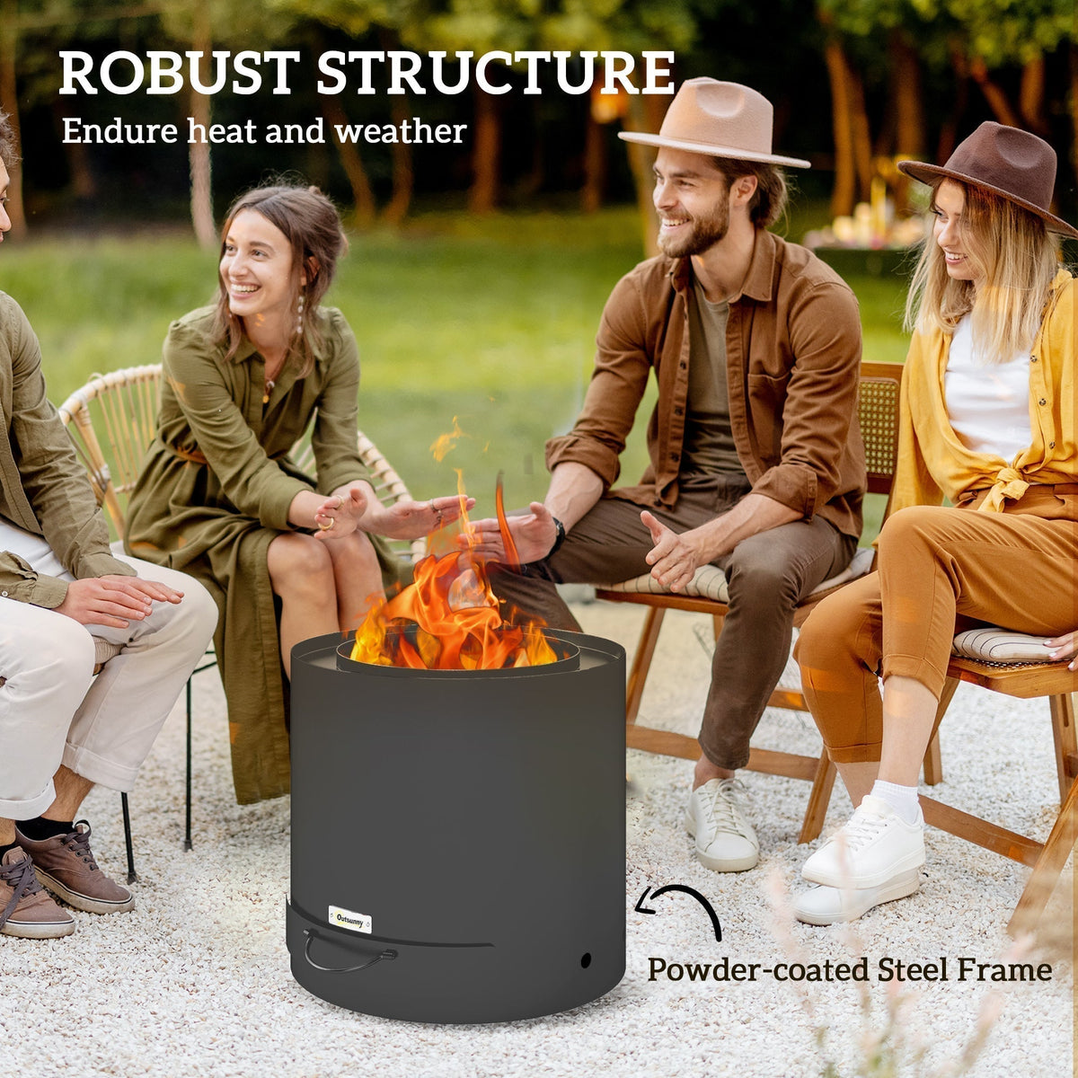 The black metal wood-burning fire pit with a roaring fire, surrounded by people in a garden setting