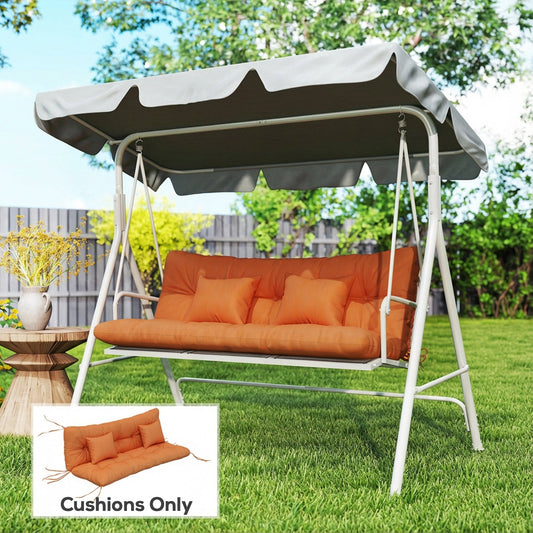 The orange outdoor seat cushions shown on a garden swing seat, with text overlay 'Cushions Only