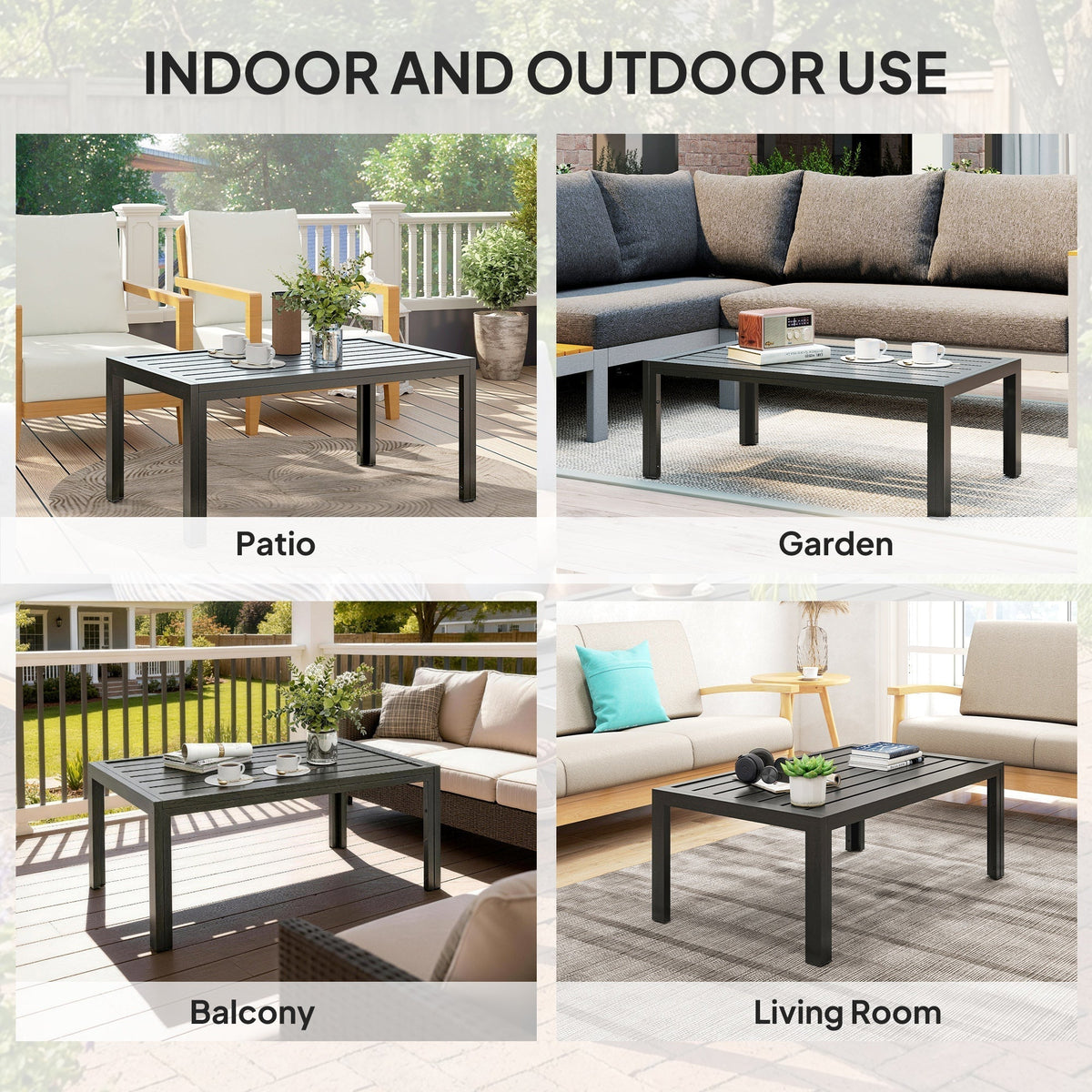 Four different settings for the grey outdoor table: patio, garden, balcony and living room
