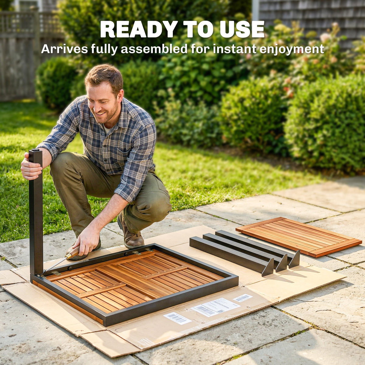 A man assembling the acacia wood patio dining table outdoors on a sunny day