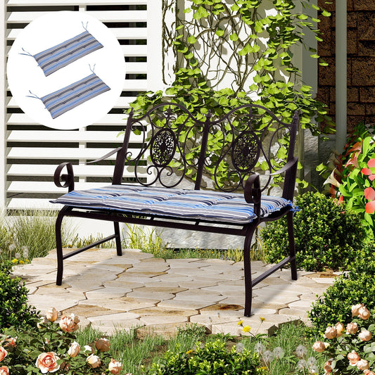 Two blue striped cushions on a garden bench