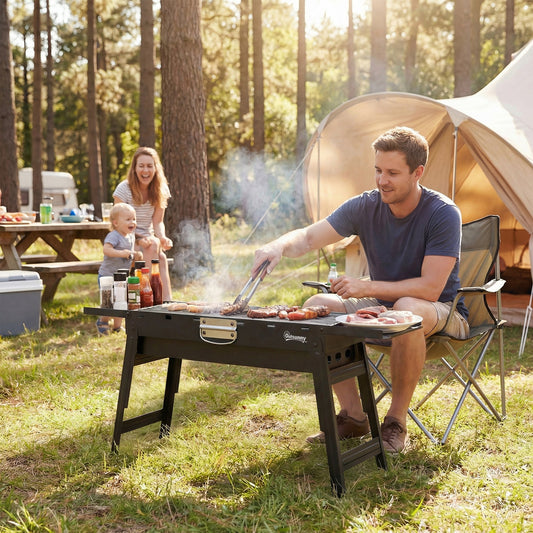 A family enjoying a barbecue on a portable charcoal grill in a woodland setting