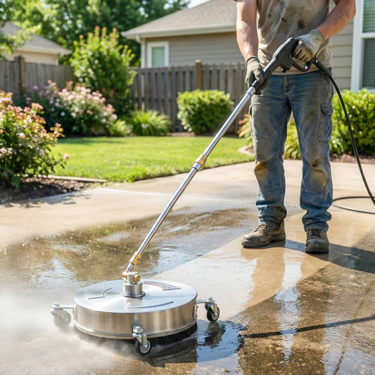 A person uses the rotary surface cleaner to clean a concrete driveway