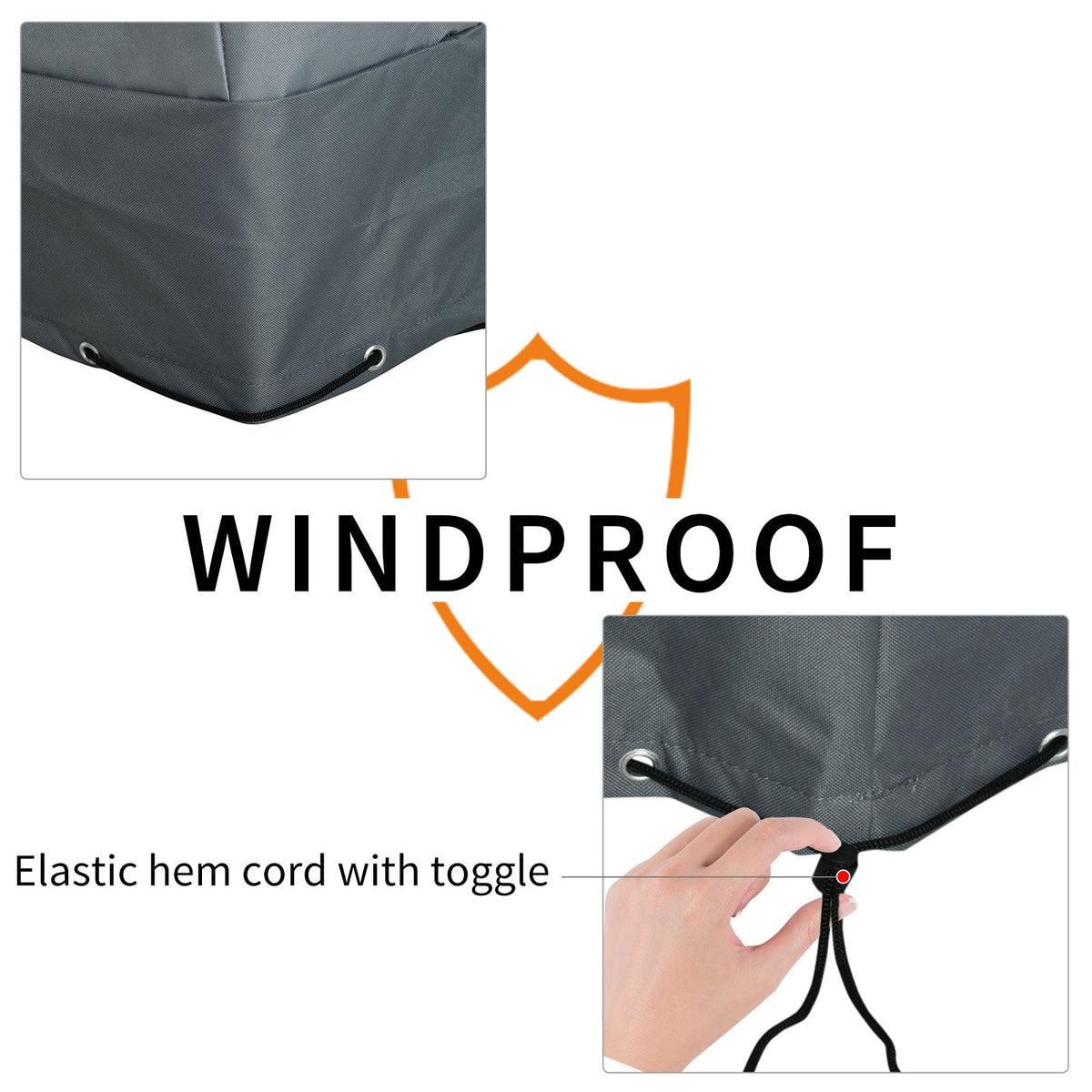 Close up of the patio furniture cover showing elastic hem cord with toggle