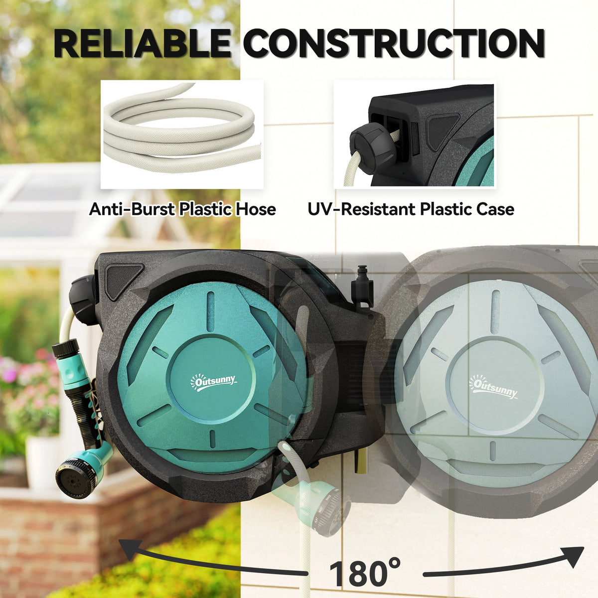 The wall mounted hose reel showing its 180 degree swivel capability and construction details
