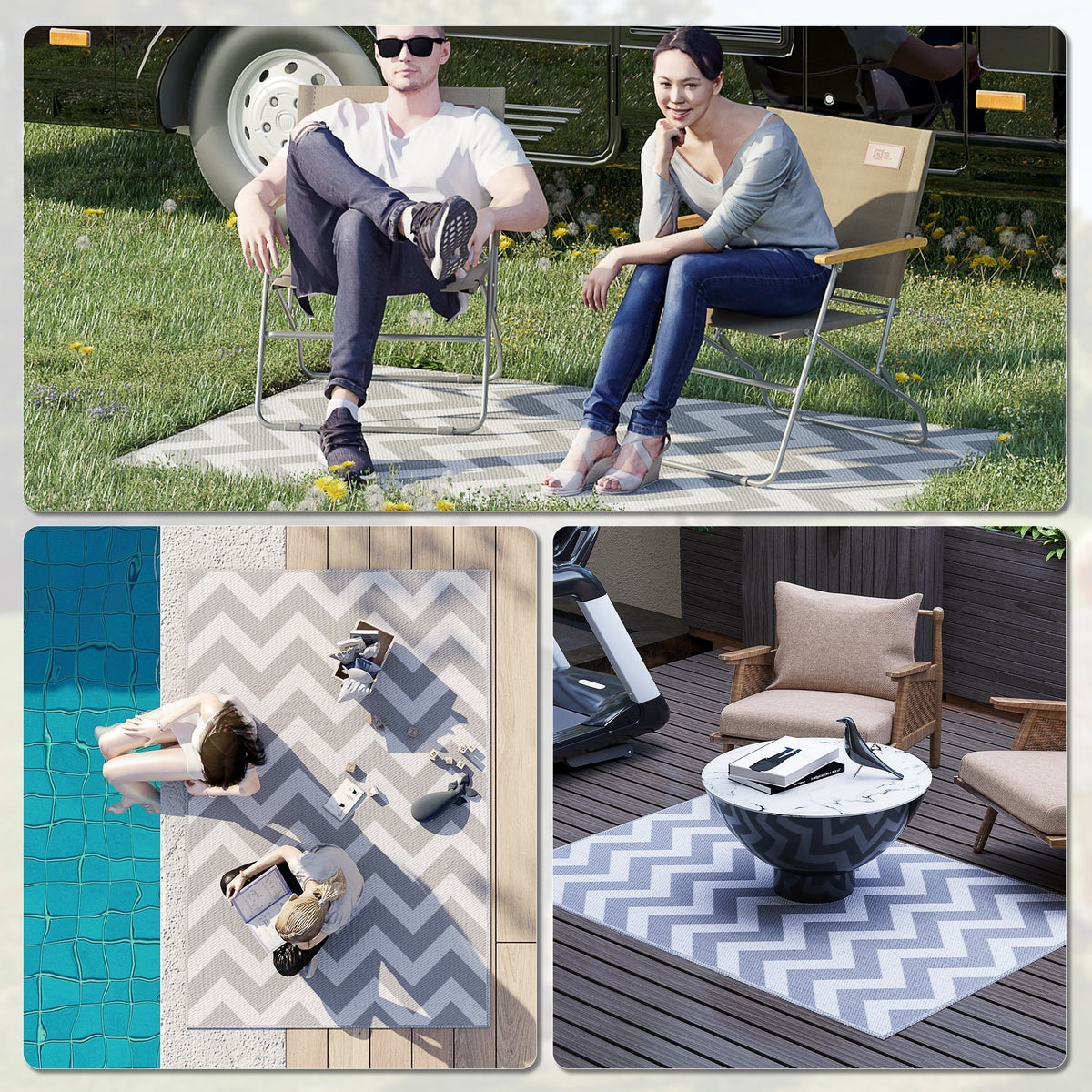 Outsunny Outdoor Rug in Light Grey and White