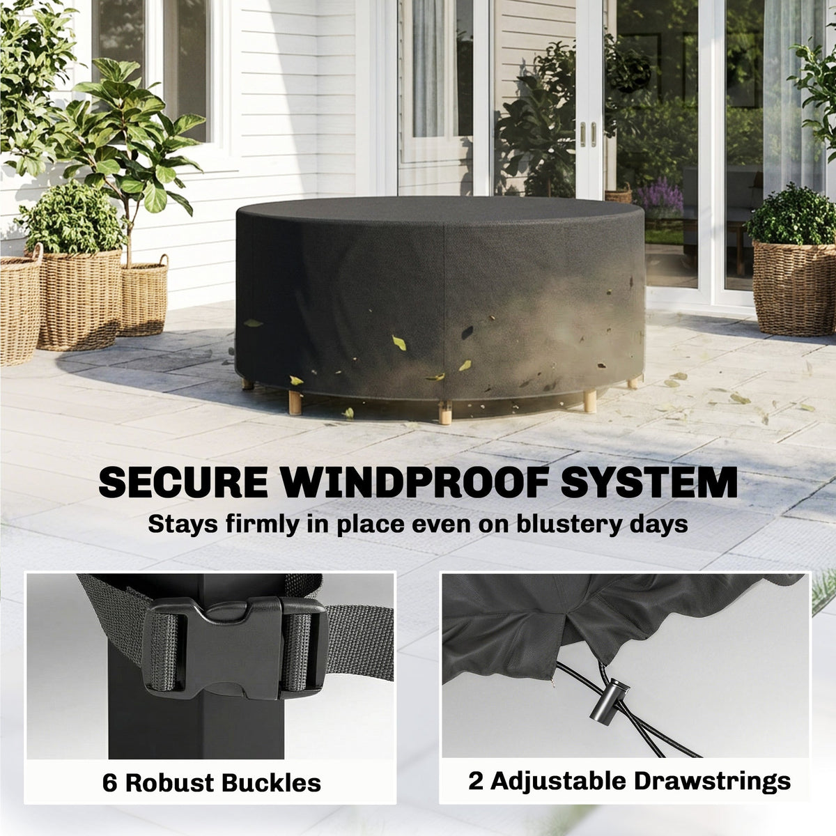 the round garden furniture cover with buckles and drawstrings for a secure fit