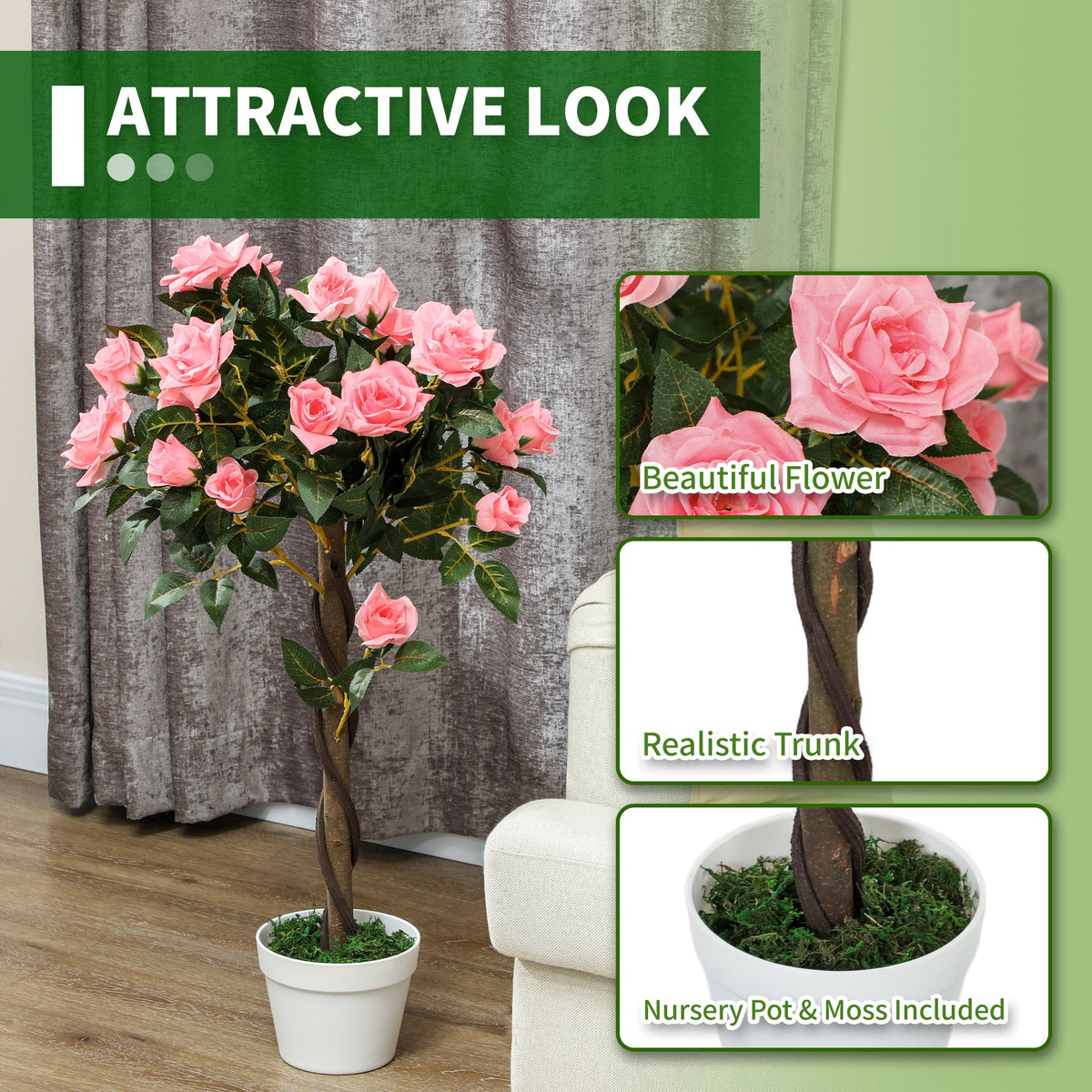 The artificial plants with zoomed in details of the flower petals and the trunk texture