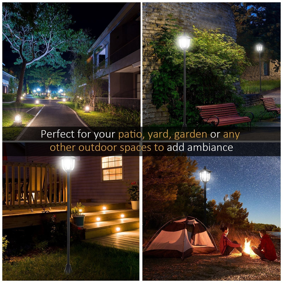 Four scenes showing the solar post lamps in use on a patio, steps, and by a campsite
