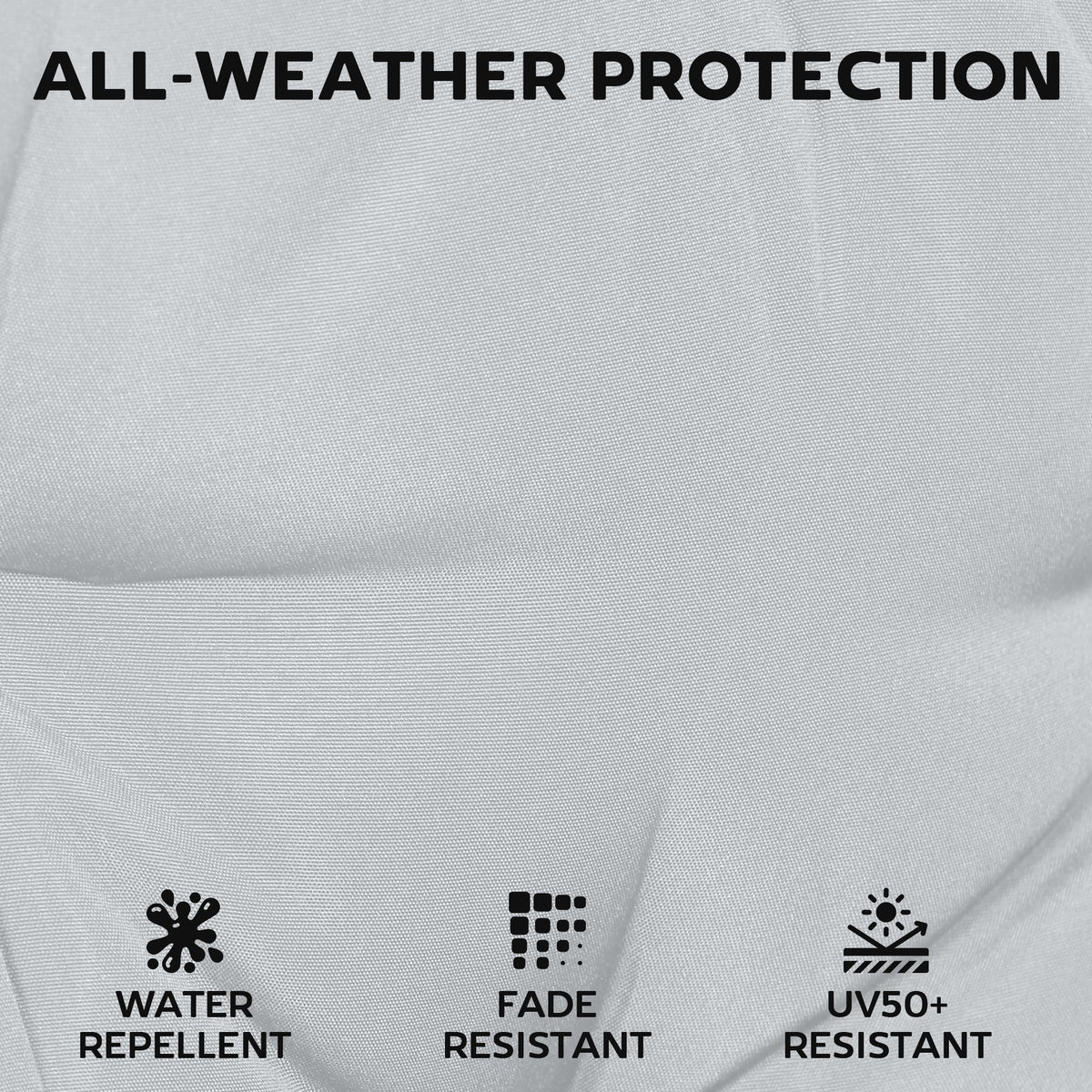 The outdoor seat cushions fabric texture with icons showing weather resistant features