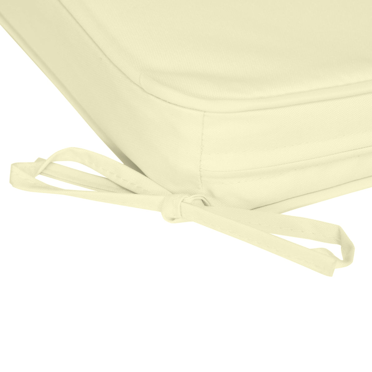 The chair cushion showing a close-up of the fabric tie used to secure it to a seat