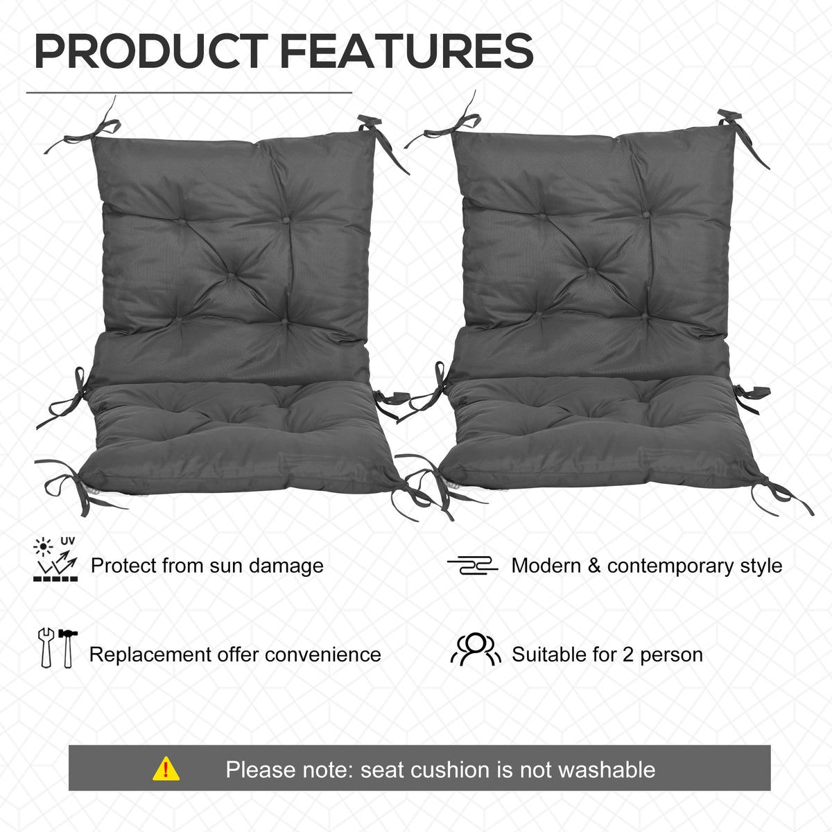 The outdoor seat cushions displayed with a list of product features and usage notes