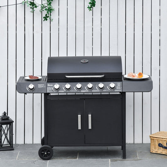 Outsunny Seven Burner Gas Grill, the gas bbq standing on a patio against a white wooden fence with food on the side shelves