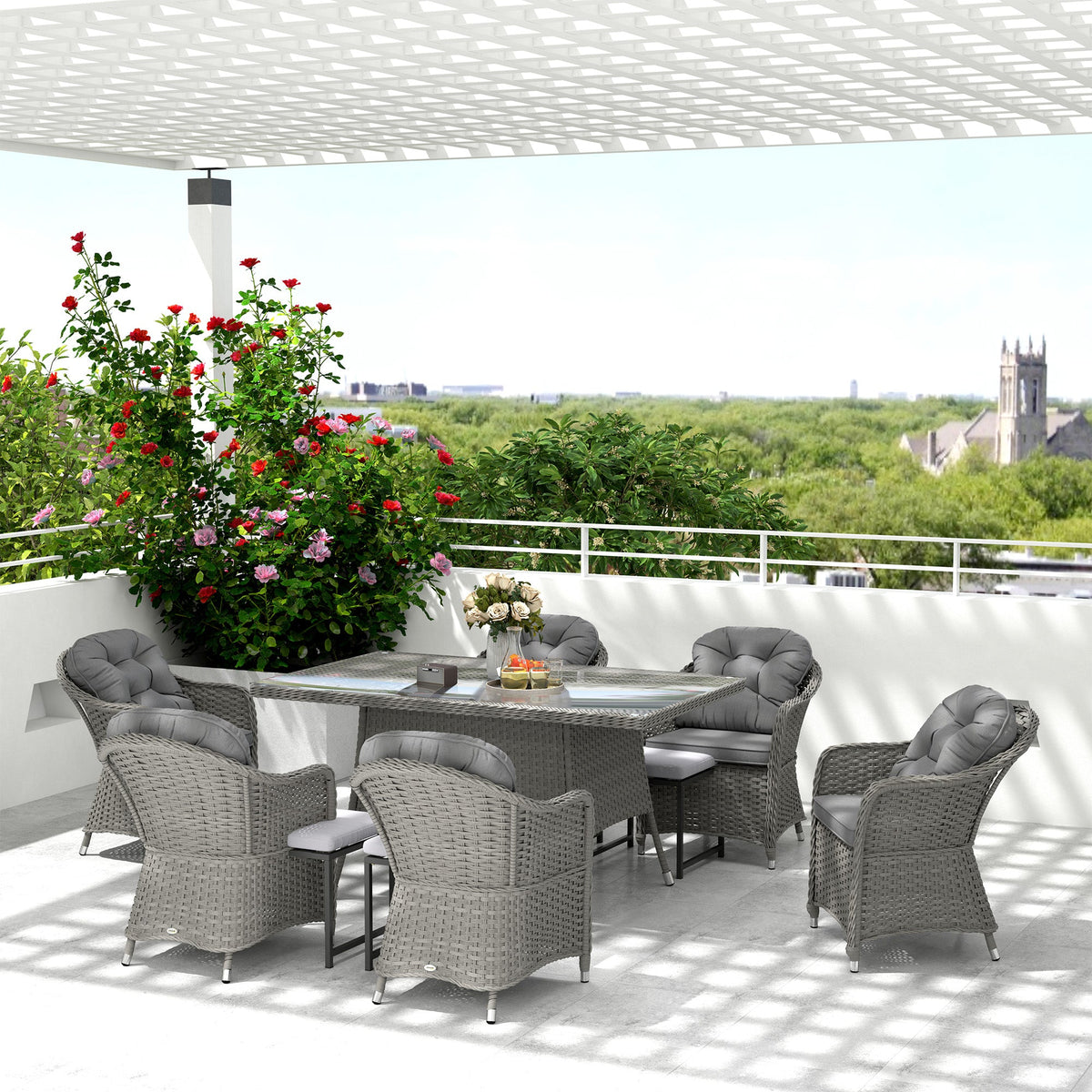 The rattan dining set on a balcony with a city view