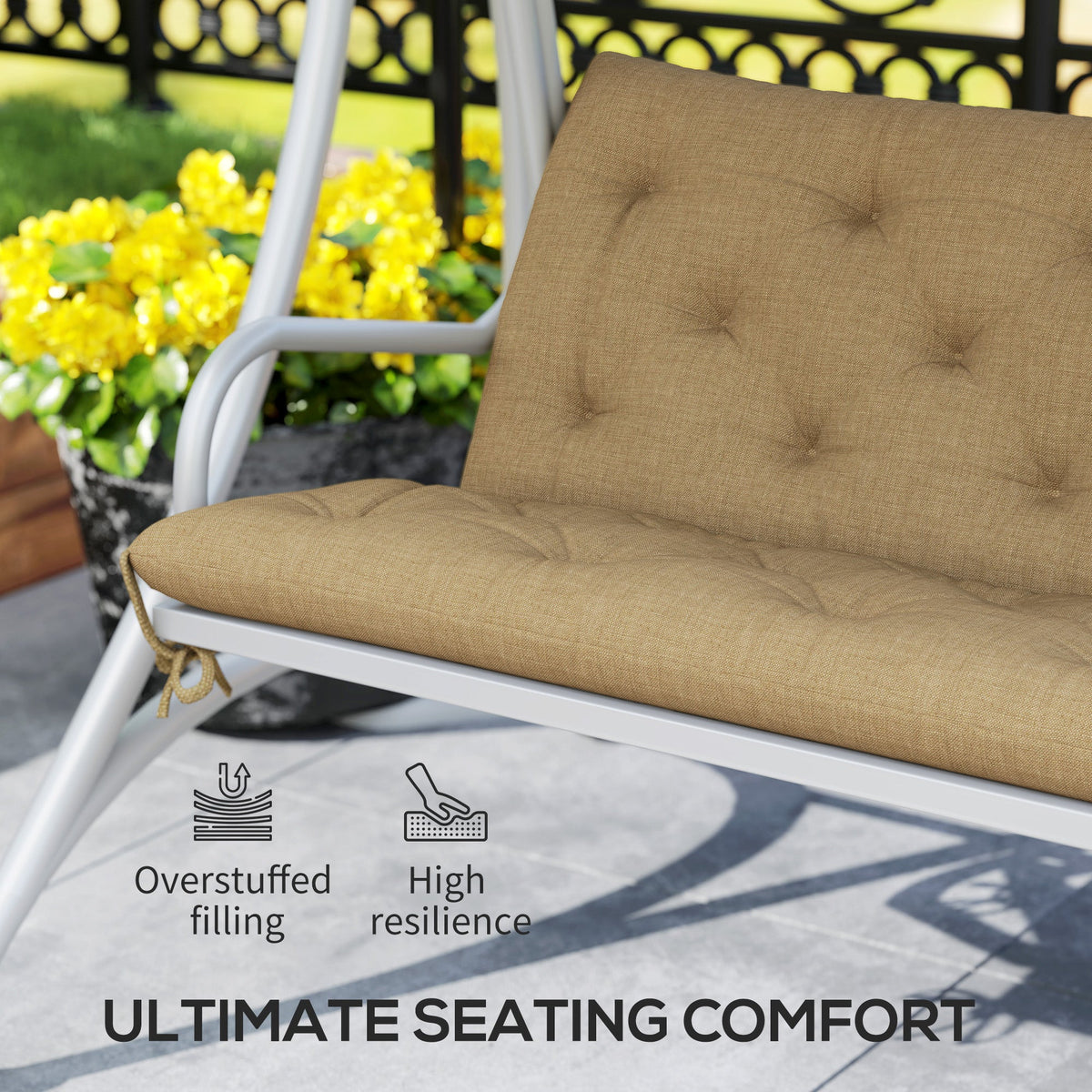 The khaki three-seater bench cushion on a white metal swing seat