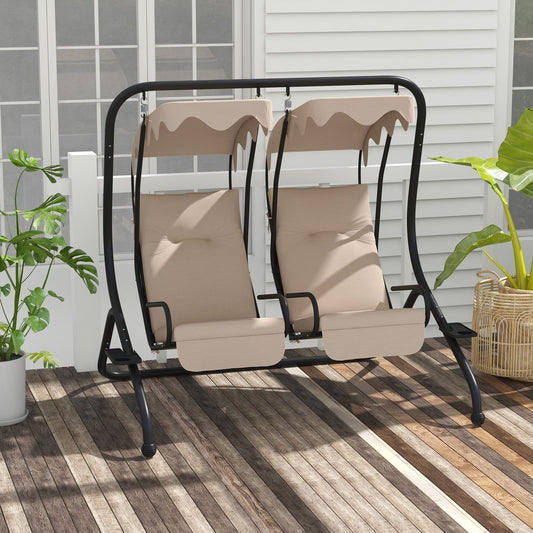 The two-seat garden swing chair positioned on a wooden deck