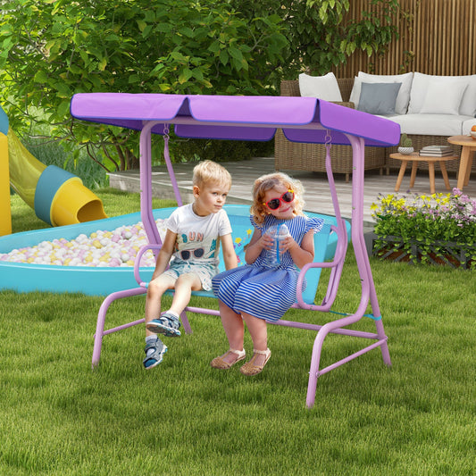 the kids swing chair being used by a boy and a girl in a sunny garden