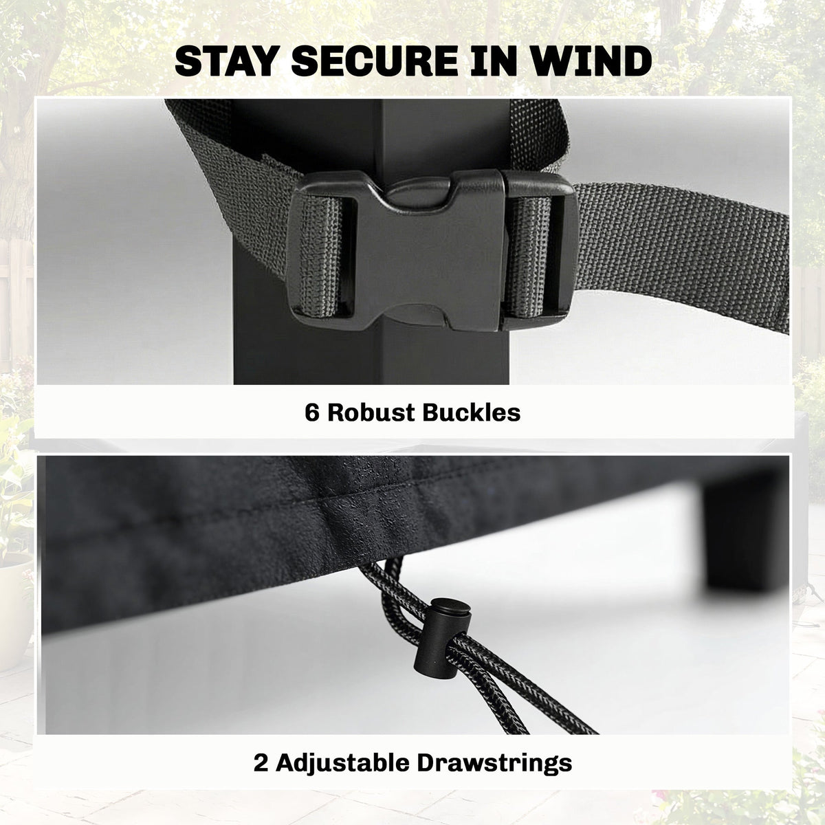 Close-up of the securing straps and drawstrings on the outdoor furniture cover