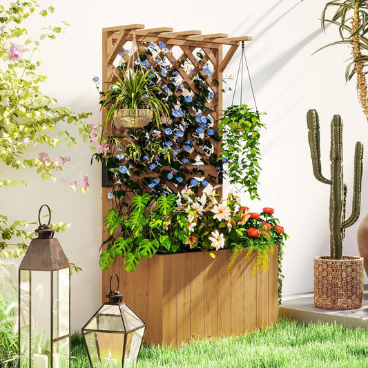 The wooden planter placed on a lawn next to lanterns and a cactus in a sunny garden setting
