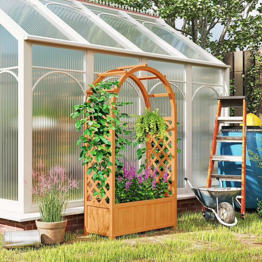 The wooden raised garden bed with trellis is shown in use with climbing plants and flowers in a garden setting