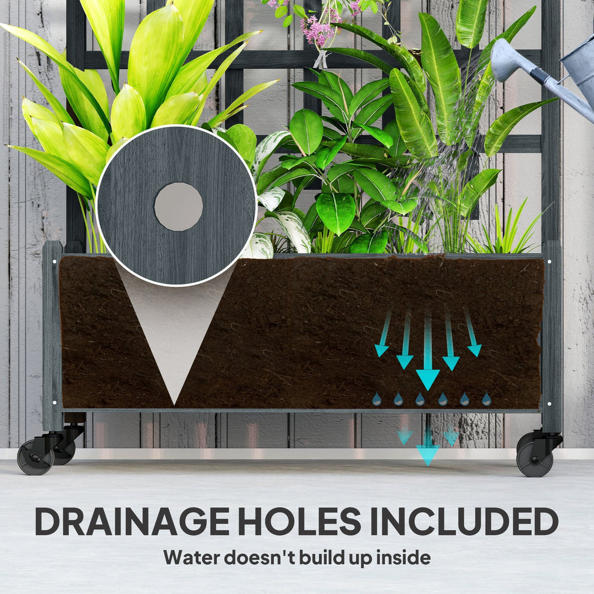 Close up of the wooden planter showing drainage holes and water flow