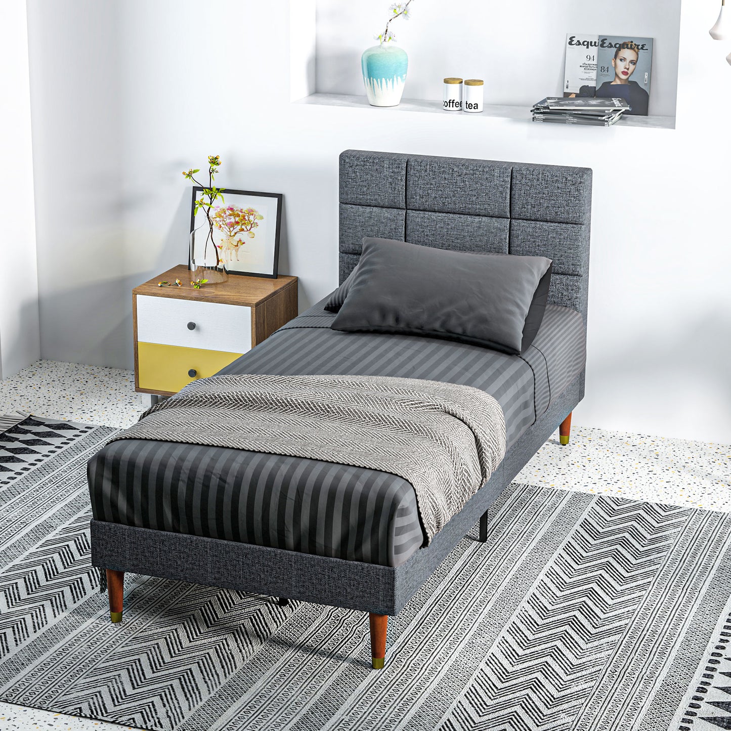 HOMCOM Upholstered Single Bed Frame, with Slats - Grey