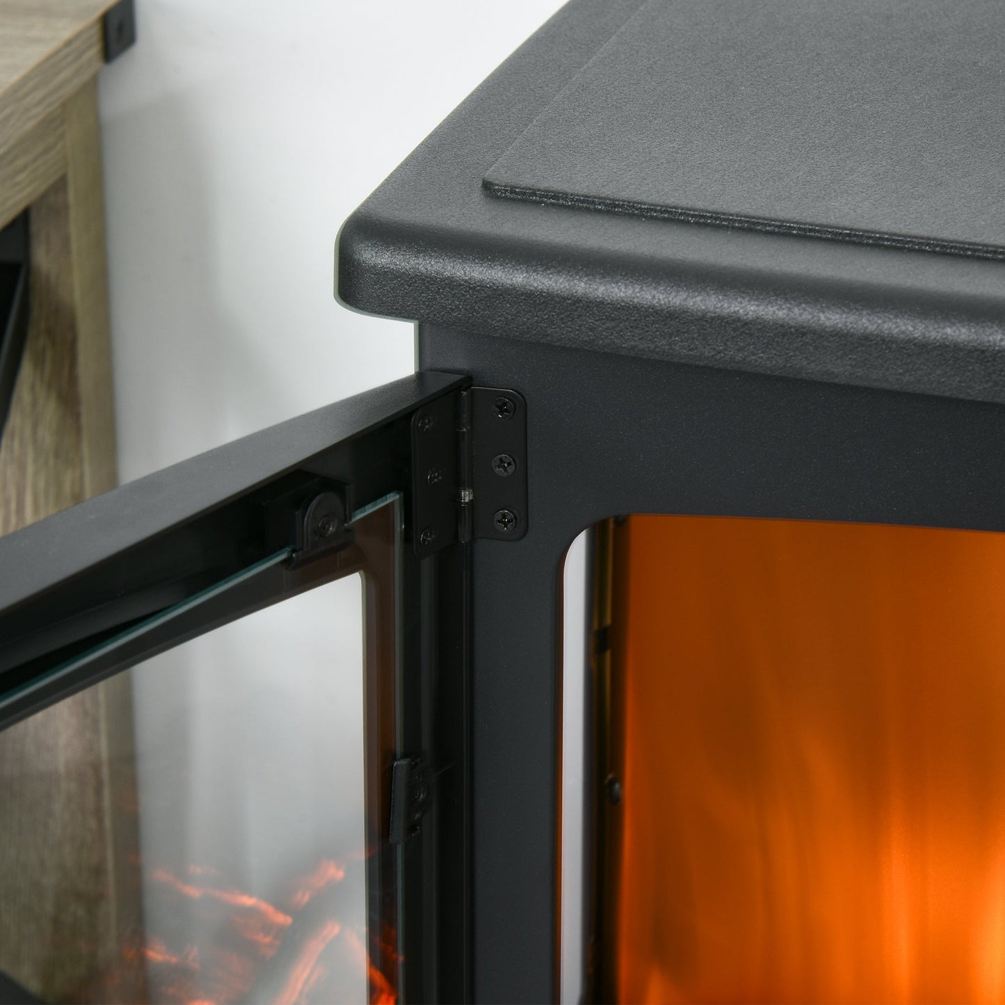 HOMCOM 900W/1800W Freestanding Electric Fireplace Room Heater w/ Adjustable Artificial Flame 3-Sided Tempered Glass Panels Safe Home Warmth Retro Faux Fire